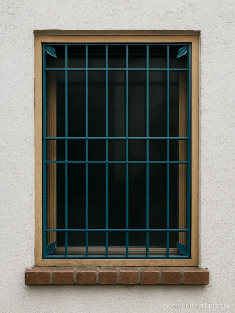 Simple window grill design with small leaf motifs in the corners