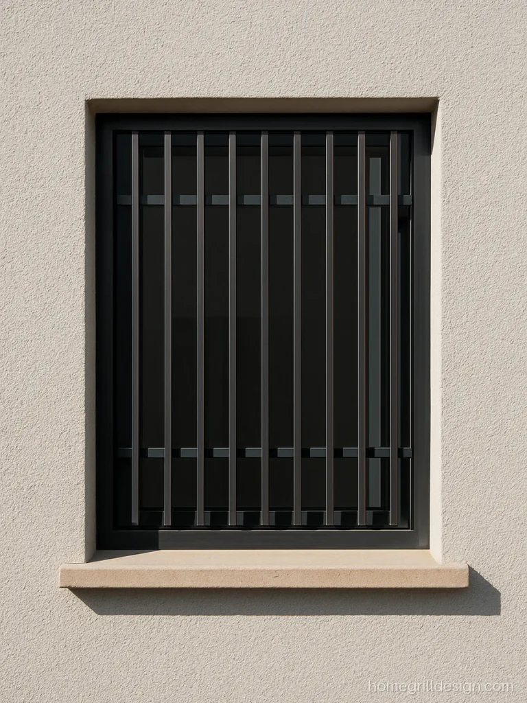 Simple modern window grill design with offset vertical bars in charcoal