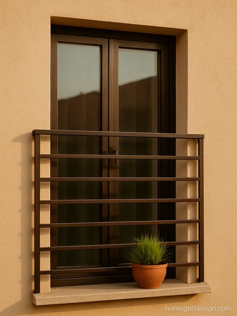 Simple French window grill design with plain horizontal bars upstairs