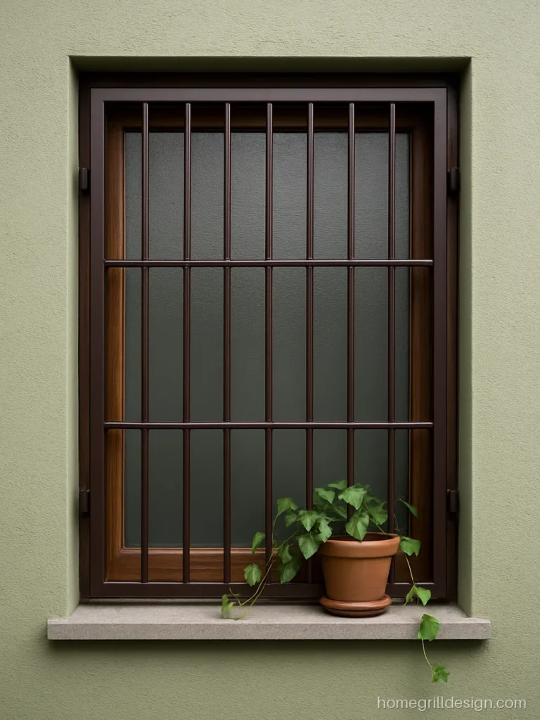 Box window grill simple design with tall rectangles in chocolate brown