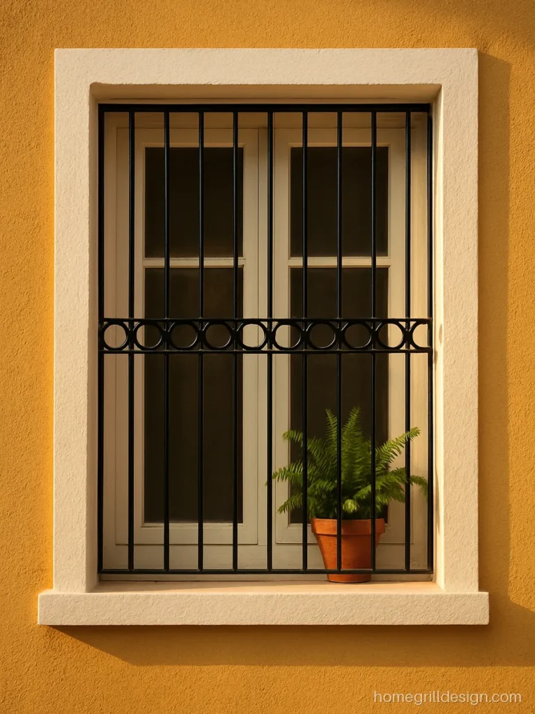 Simple window grill with ring details in black on a yellow wall