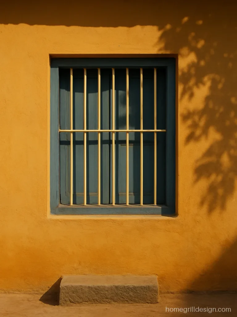 Plain window grill design with round rods on a cream village house