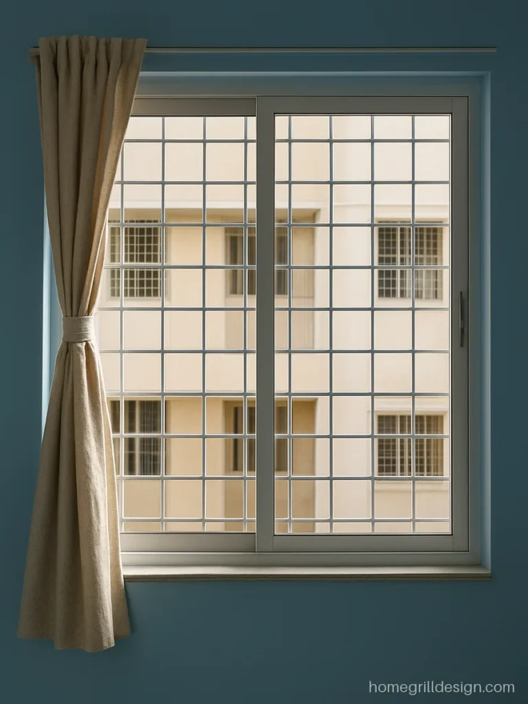 Simple box window grill design in white with small even squares