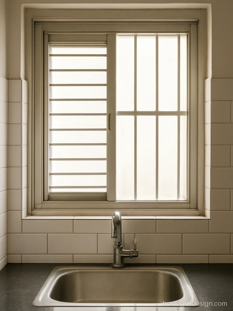 Small window grill design over a kitchen sink with white tiles