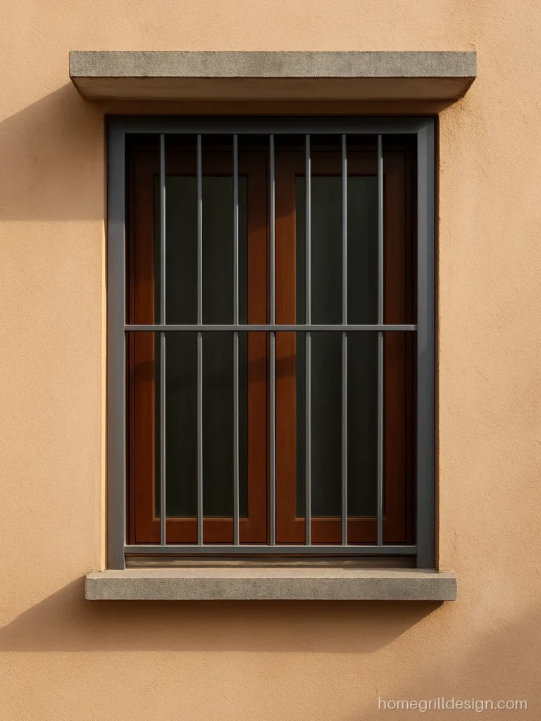Simple window grill design with straight vertical bars in slate grey