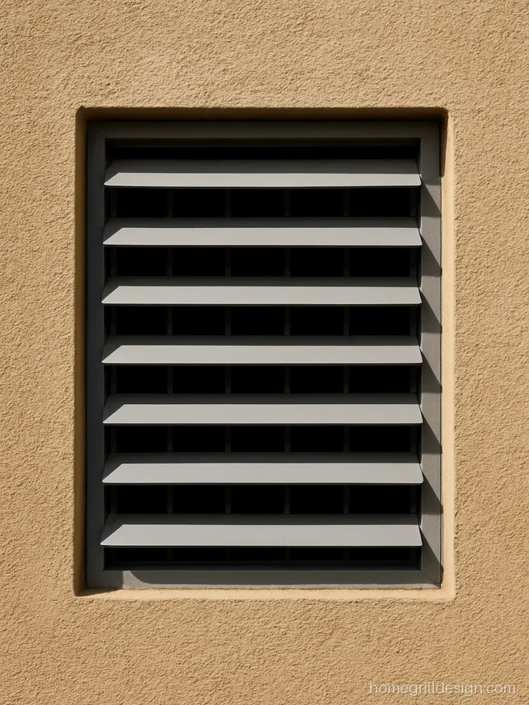 Ventilation panel with fixed aluminium louvres and iron grill on a utility wall