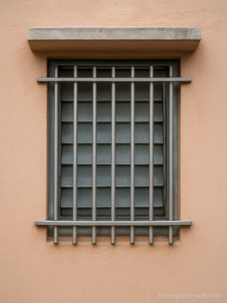 Bathroom window grill design in stainless steel over frosted glass louvres