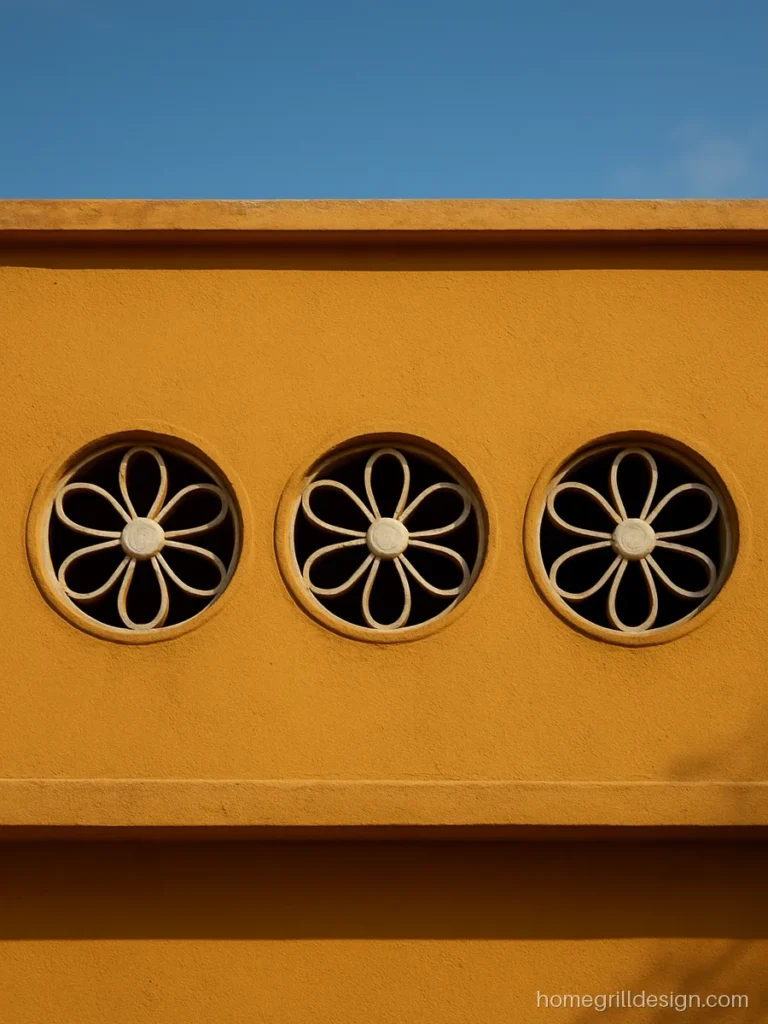 Decorative vent grill with a round flower pattern on a stair wall