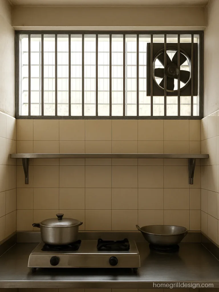 Kitchen ventilation grill in galvanised iron high on the wall above the stove