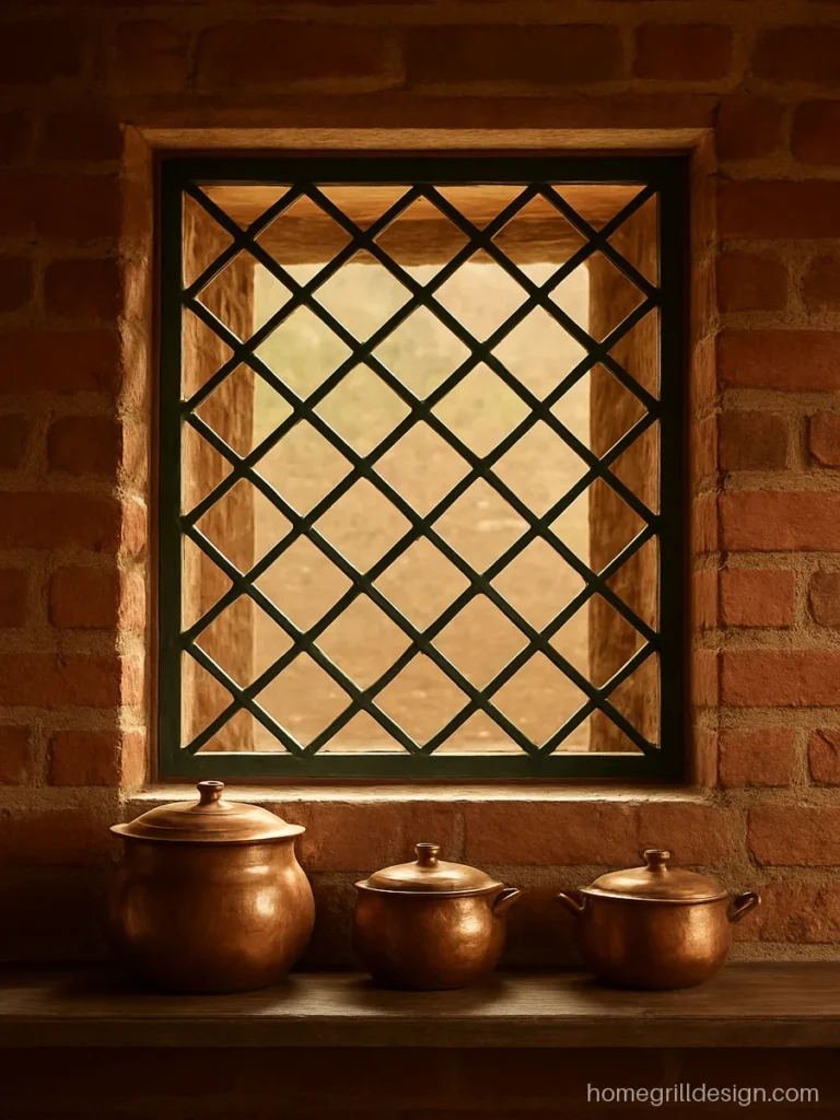 Ventilation iron grill design in a diamond pattern on an exposed brick kitchen wall