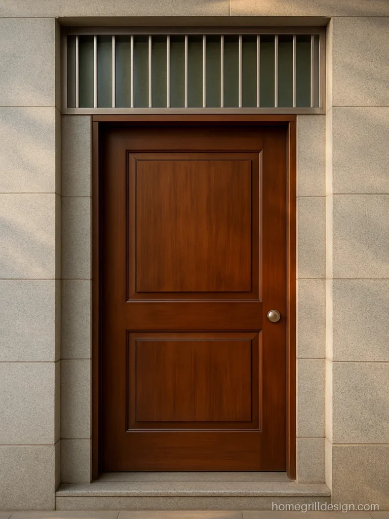 Main door ventilation design with a steel line grill transom above the door