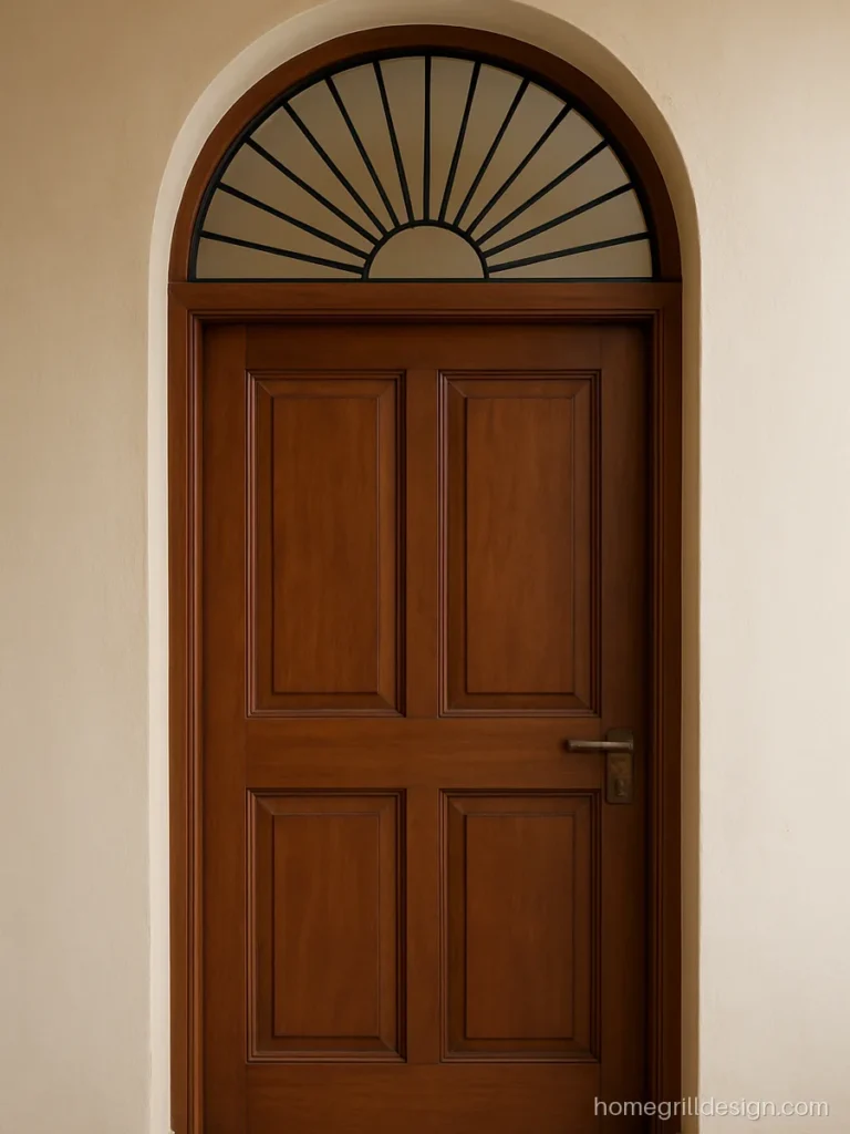 Roshandan grill design with a sunburst pattern over a wooden bedroom door