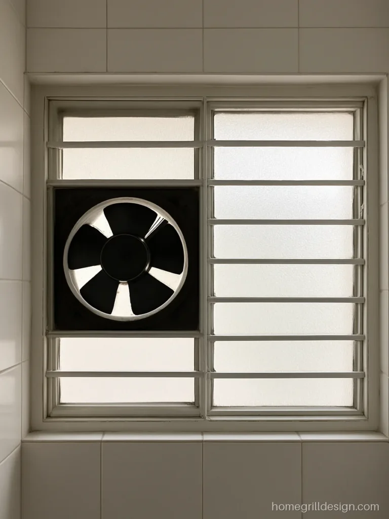 Grill ventilator design with exhaust fan slot and louvres in a white bathroom
