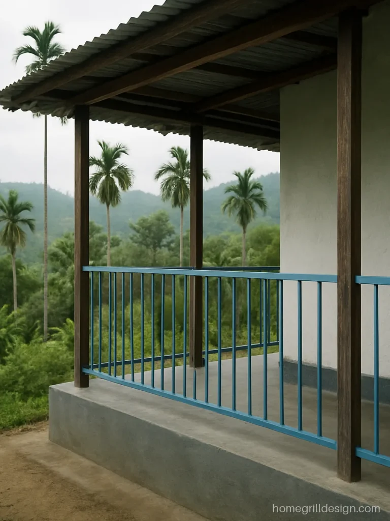 Assam type house veranda grill design in sky blue flat strips between wooden posts