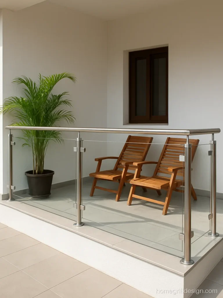 Front sitout grill designs in satin SS and glass for a modern house