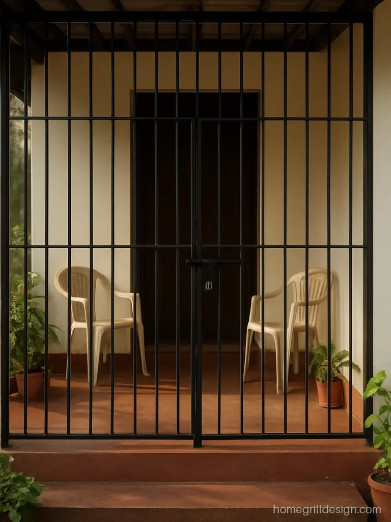 Full grill design for veranda in black square bars with a built in lockable door