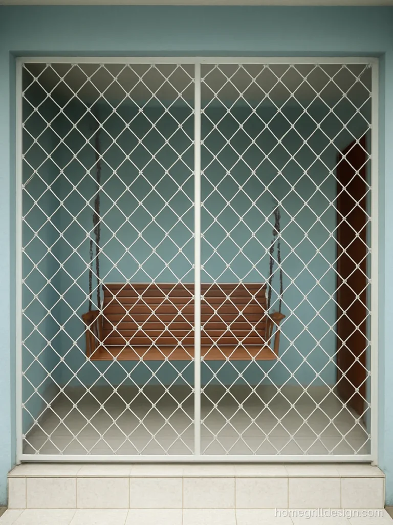 Covered front veranda grill design in white diamond pattern with mosquito mesh
