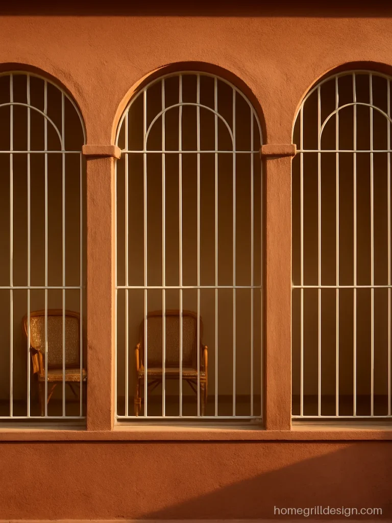 Veranda grill design for house with arched top bars in ivory over a half wall
