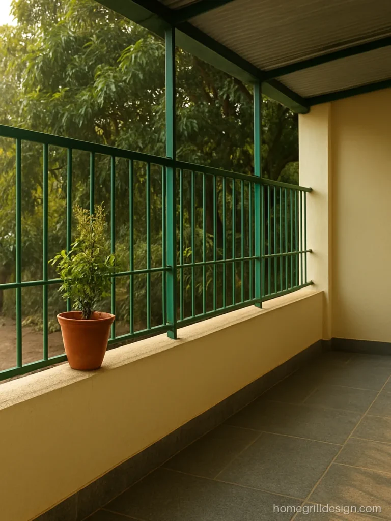 Simple grill design for veranda with green flat strips over a half plaster wall