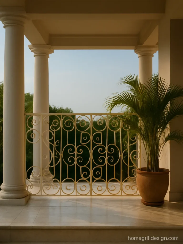 Portico grill design for house with cream scroll panels between round columns