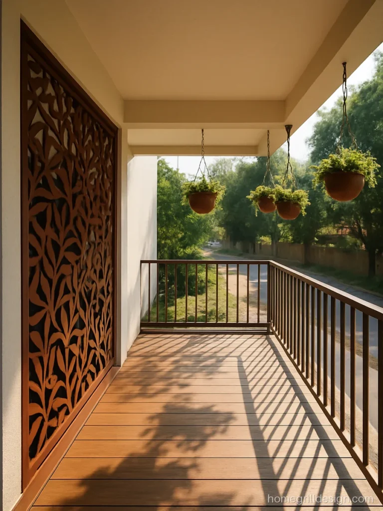 Sit out grill design with a rust colour laser cut privacy screen on one side