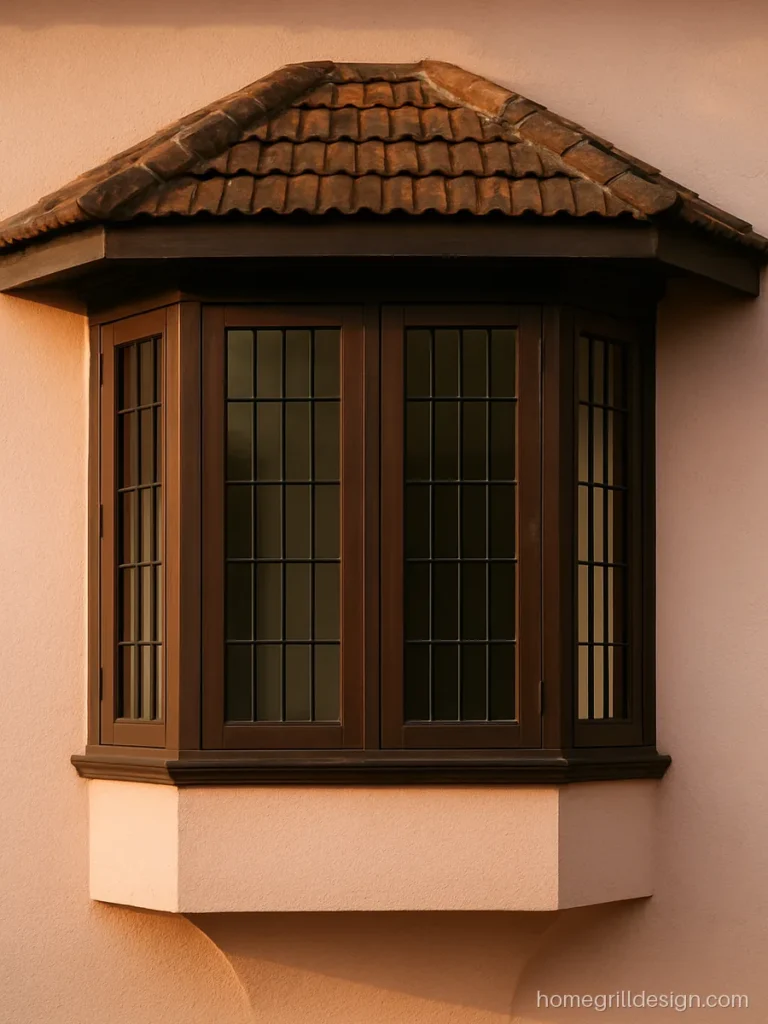Bay window design projecting on three sides with wood frames and iron grill