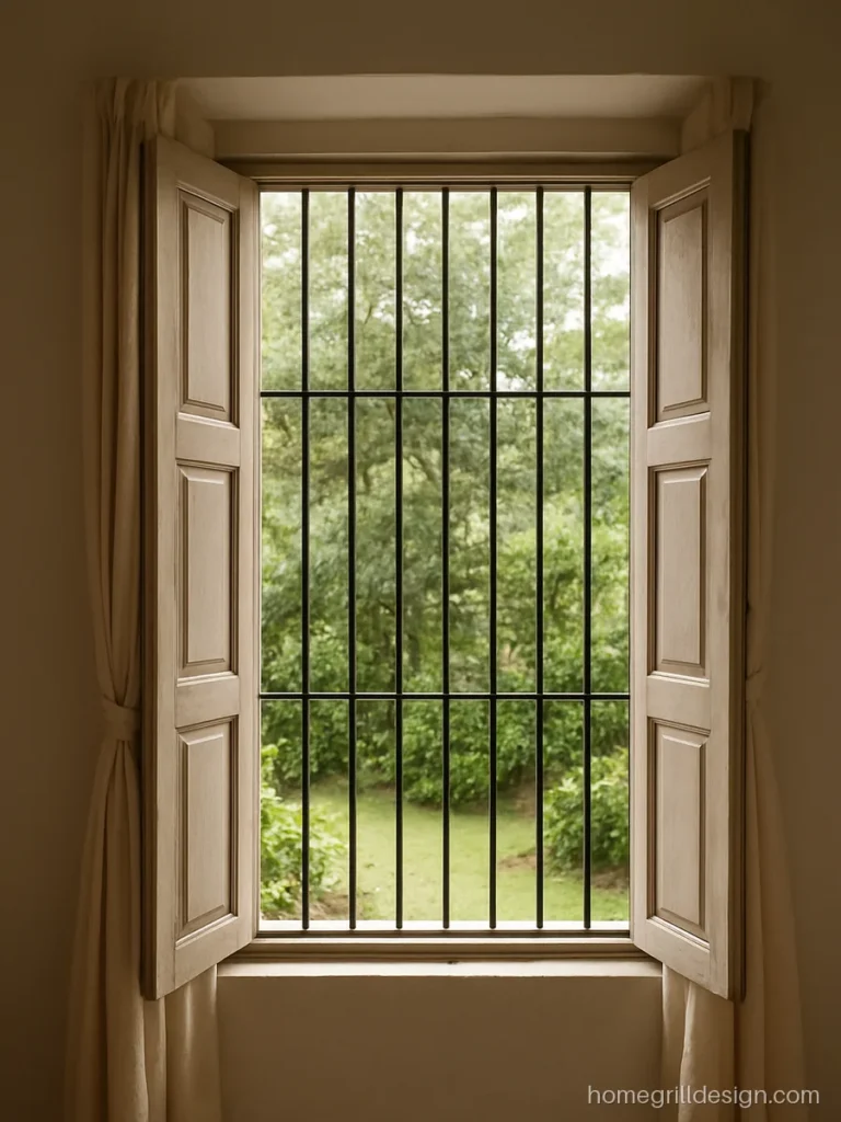 Window design for bedroom with tall French shutters and a full height grill