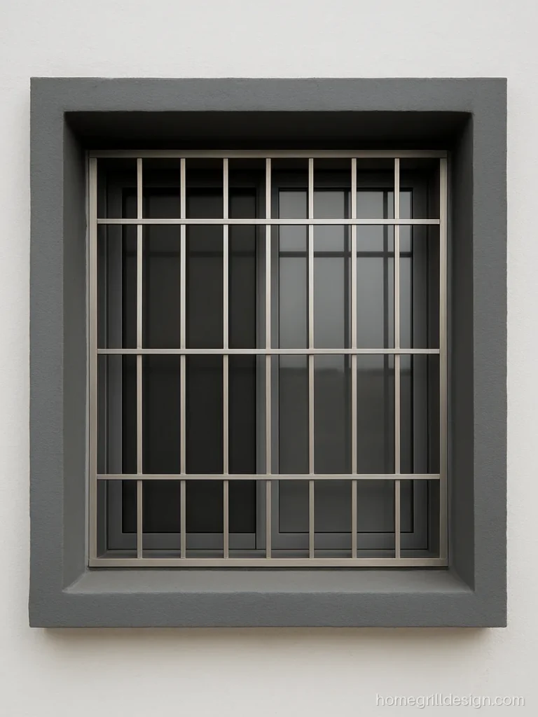 Box window design with a deep concrete frame and grey grill on an apartment