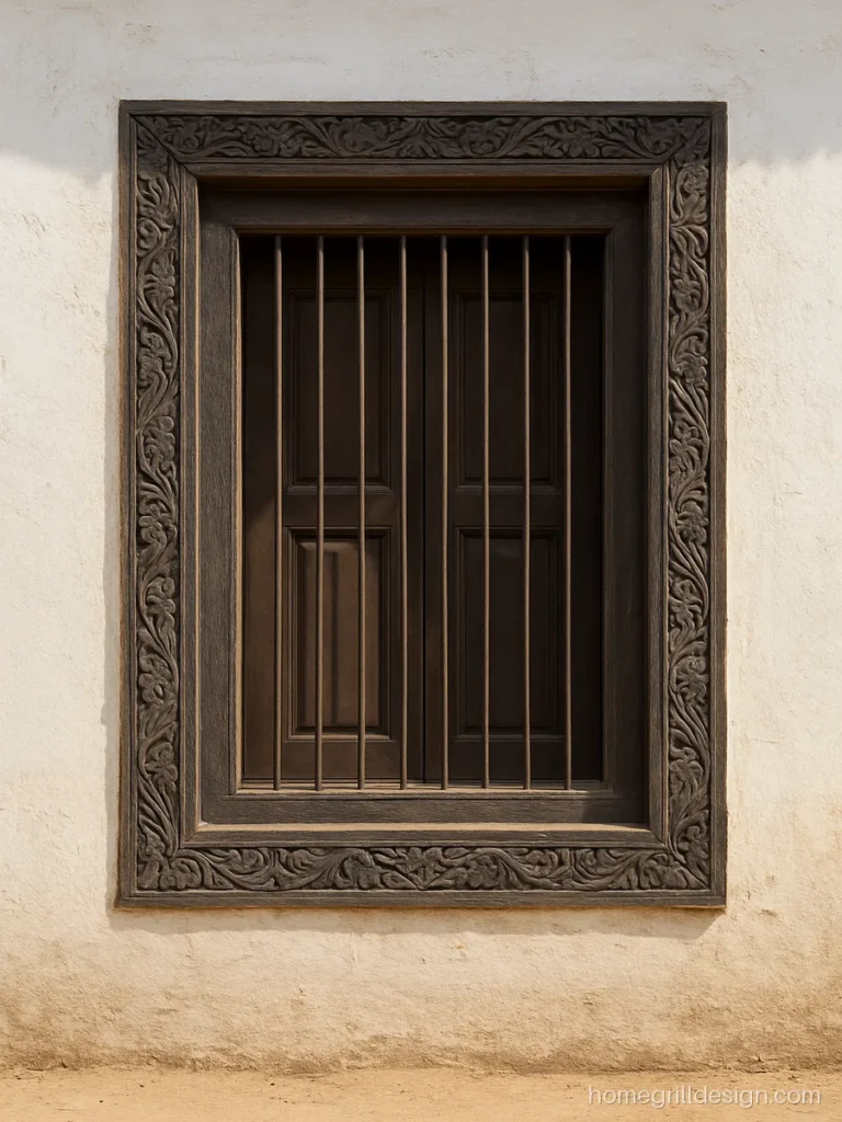 Indian village house window design with a carved wood frame and plain iron rods