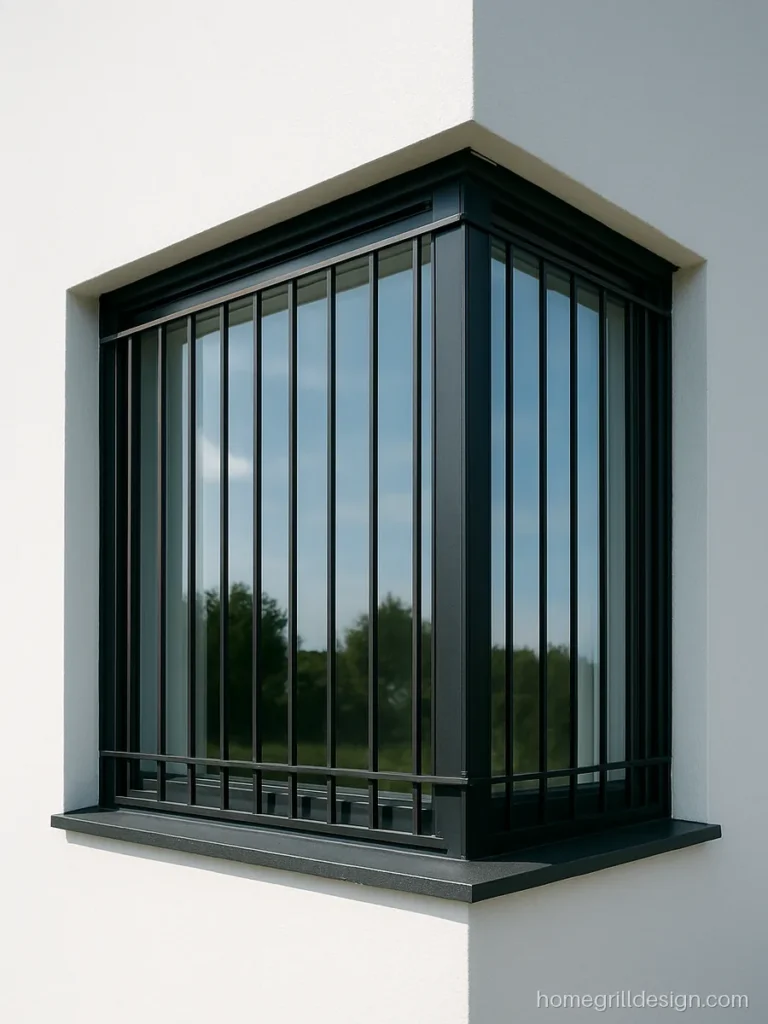 Corner window design with glass on two sides and a slim black grill