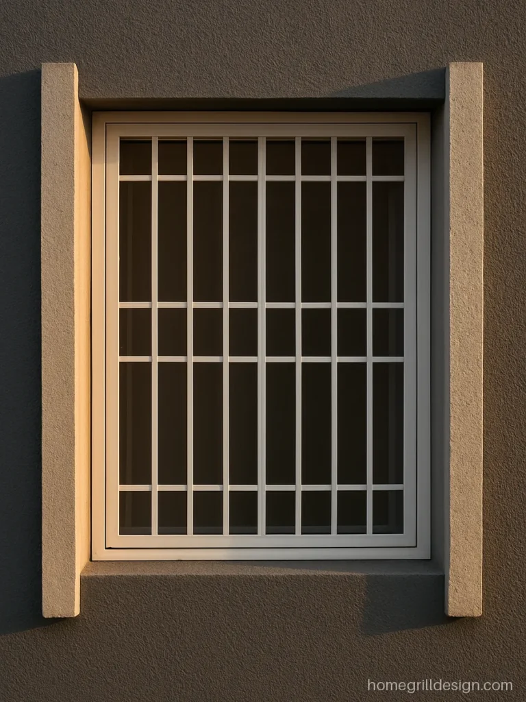 Exterior window design with vertical concrete fins and a white grill