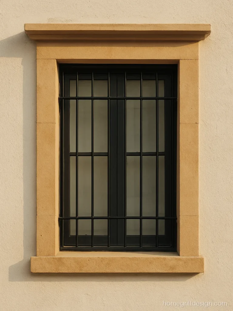 Home front window design with a stone border, slim chajja and black grill
