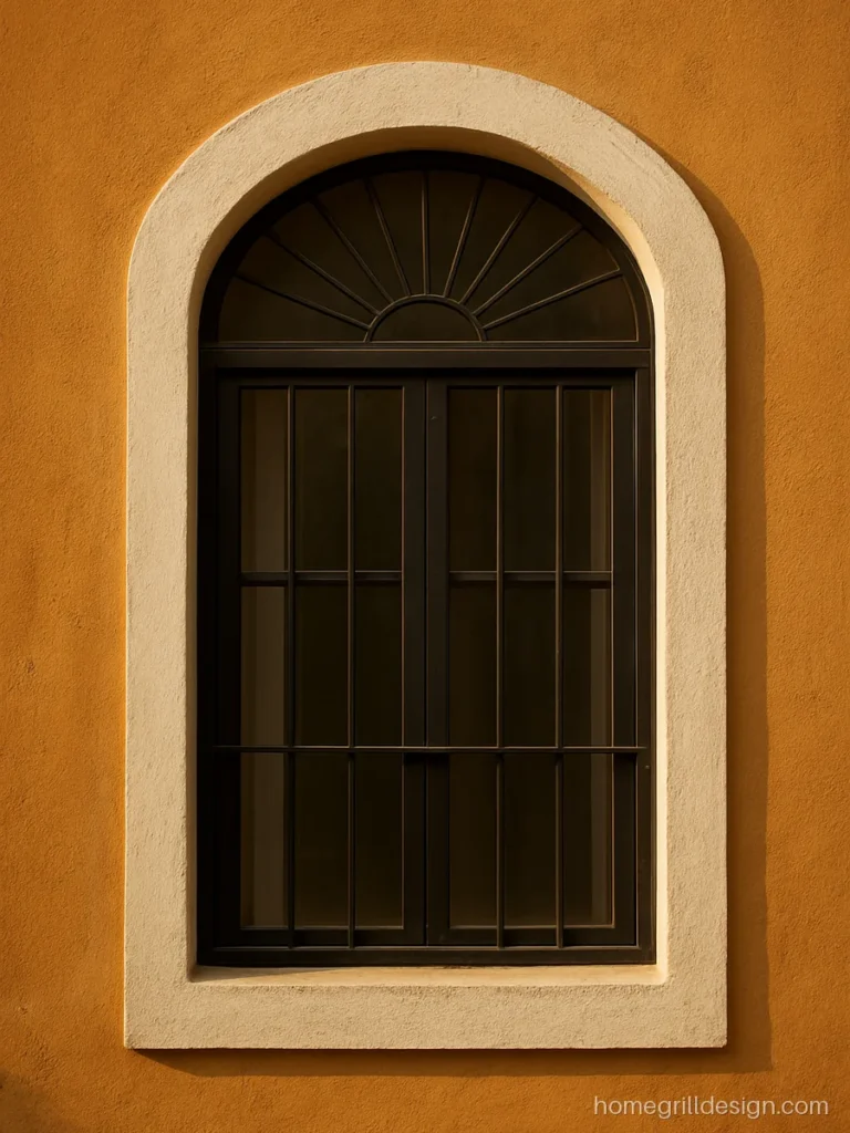 Iron window design for home with an arched top and black grill on a heritage style wall