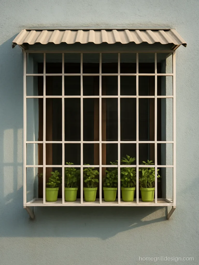 Kitchen window with a projected box grill and herb shelf in a utility area