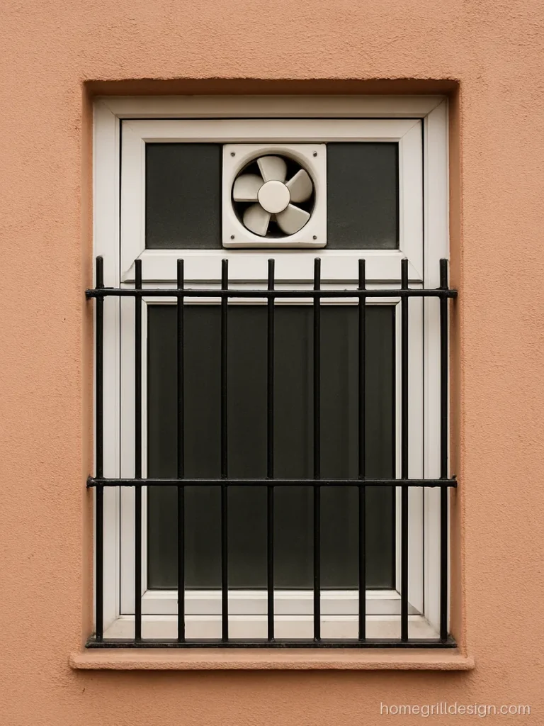 Kitchen window design for home with a fixed glass top and exhaust fan slot