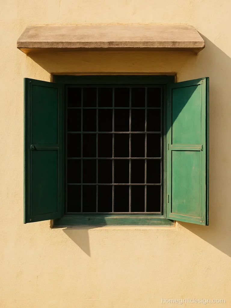 Loha khidki design with iron grill and green painted steel shutters
