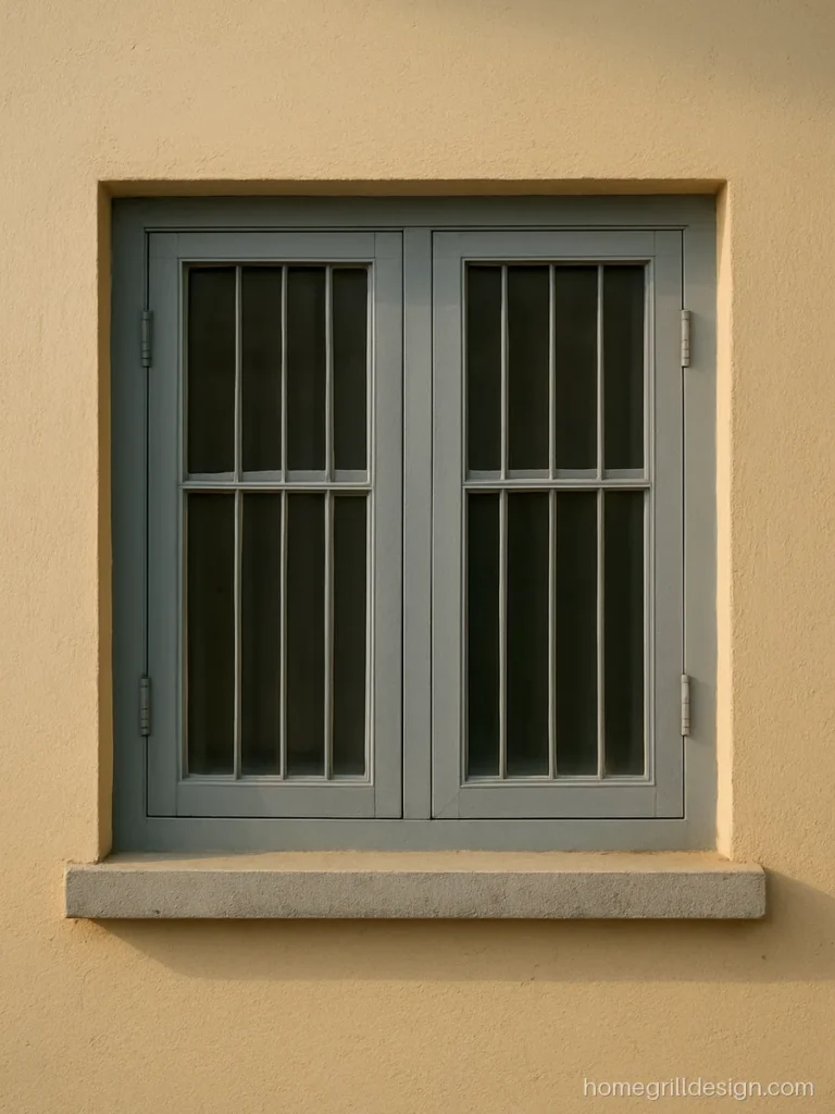Steel window design with grey MS section frame, glass shutters and an inner grill