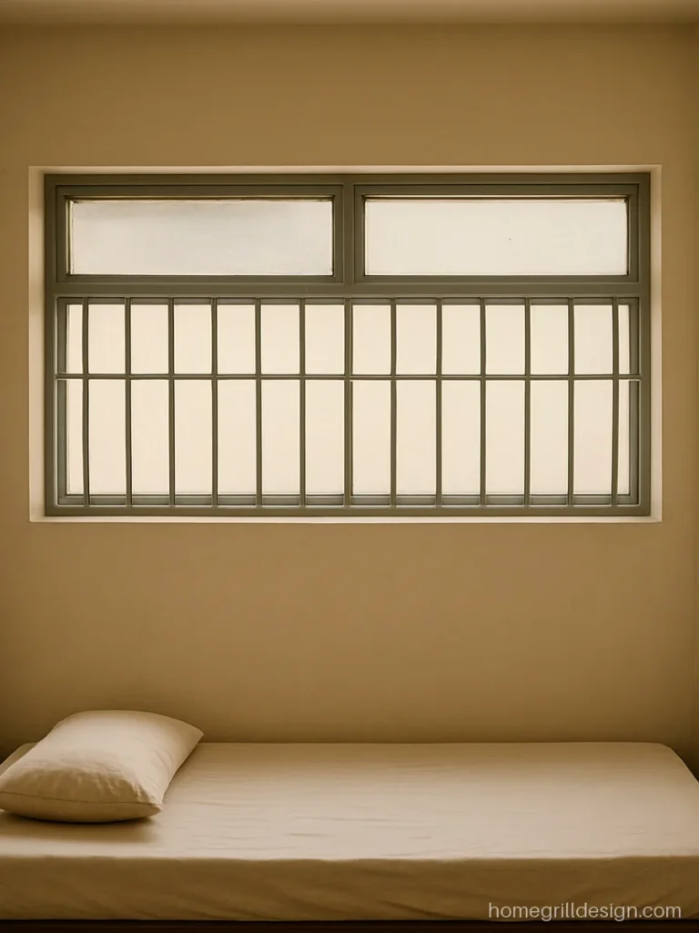 High strip window with a narrow grill in a small house for light and privacy