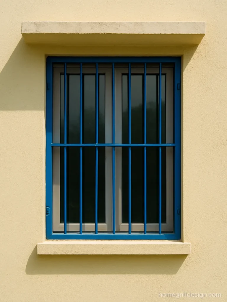 Simple window design for a small house with two shutters and a blue grill