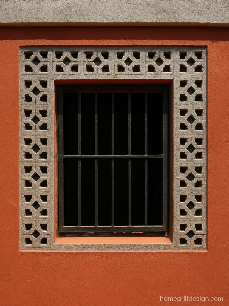 Small window with a concrete jali surround and iron grill on a terrace room