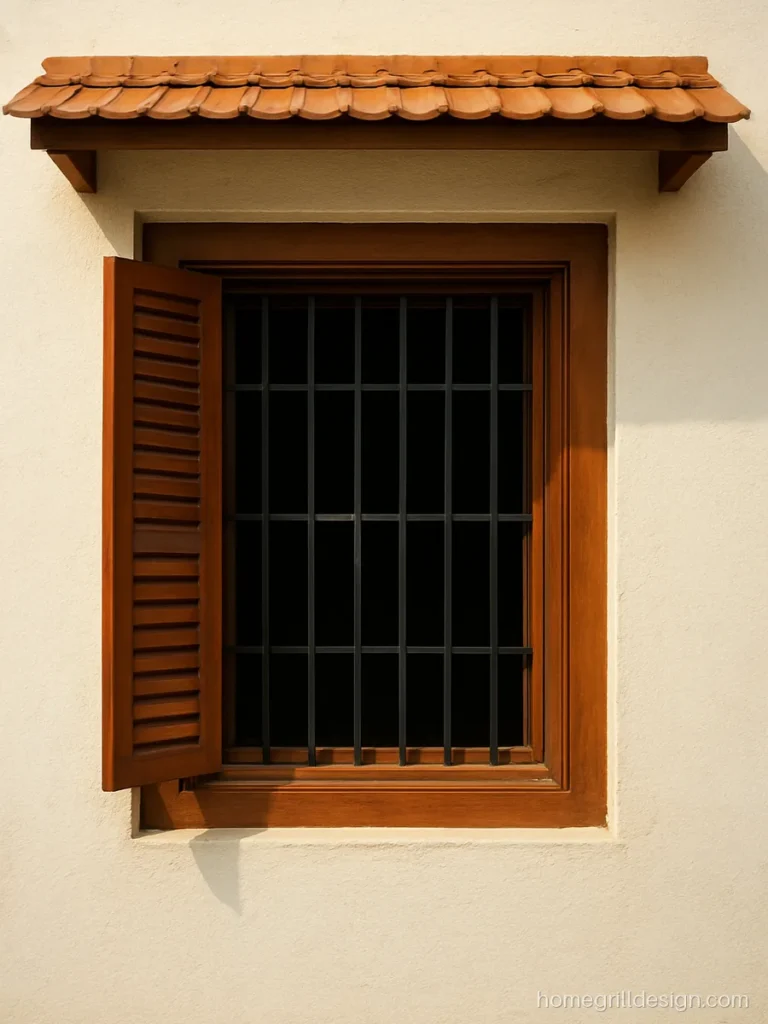 Wooden khidki design in teak with louvre shutters and an iron grill behind