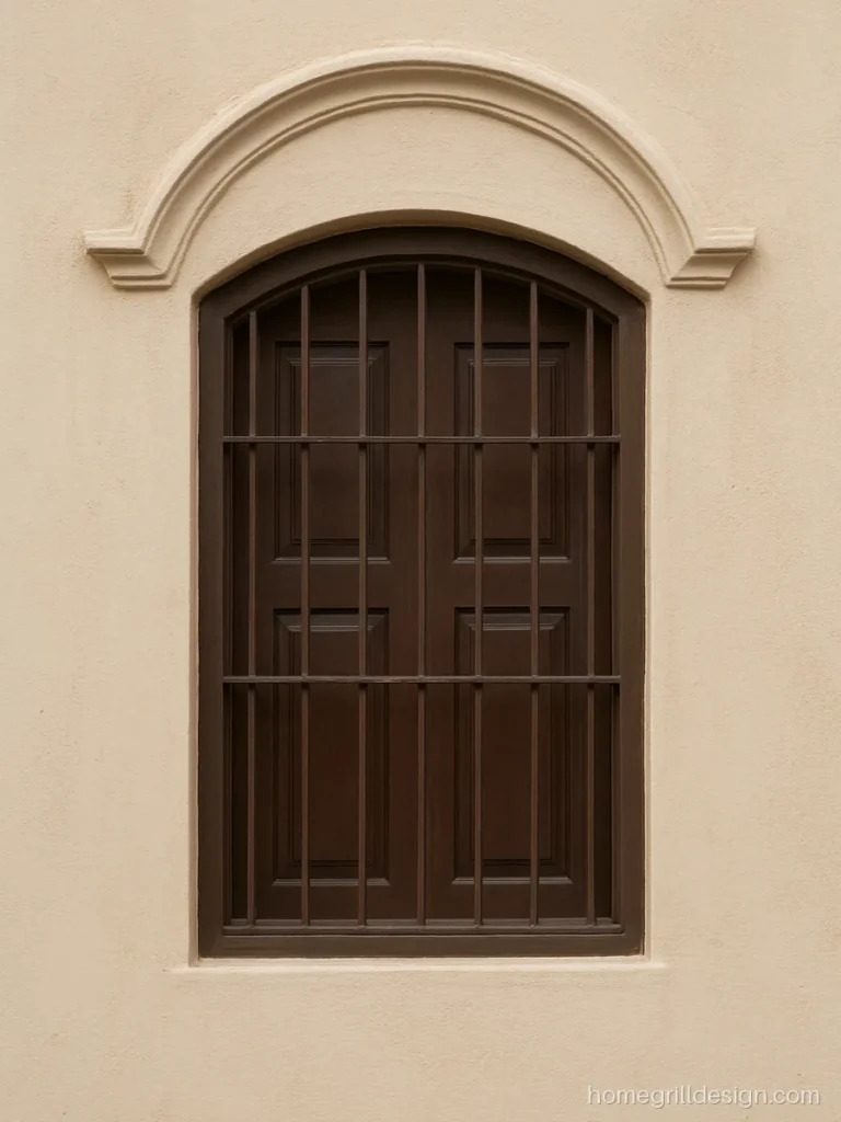 Window outside design with arched moulding and a curved iron grill in cream