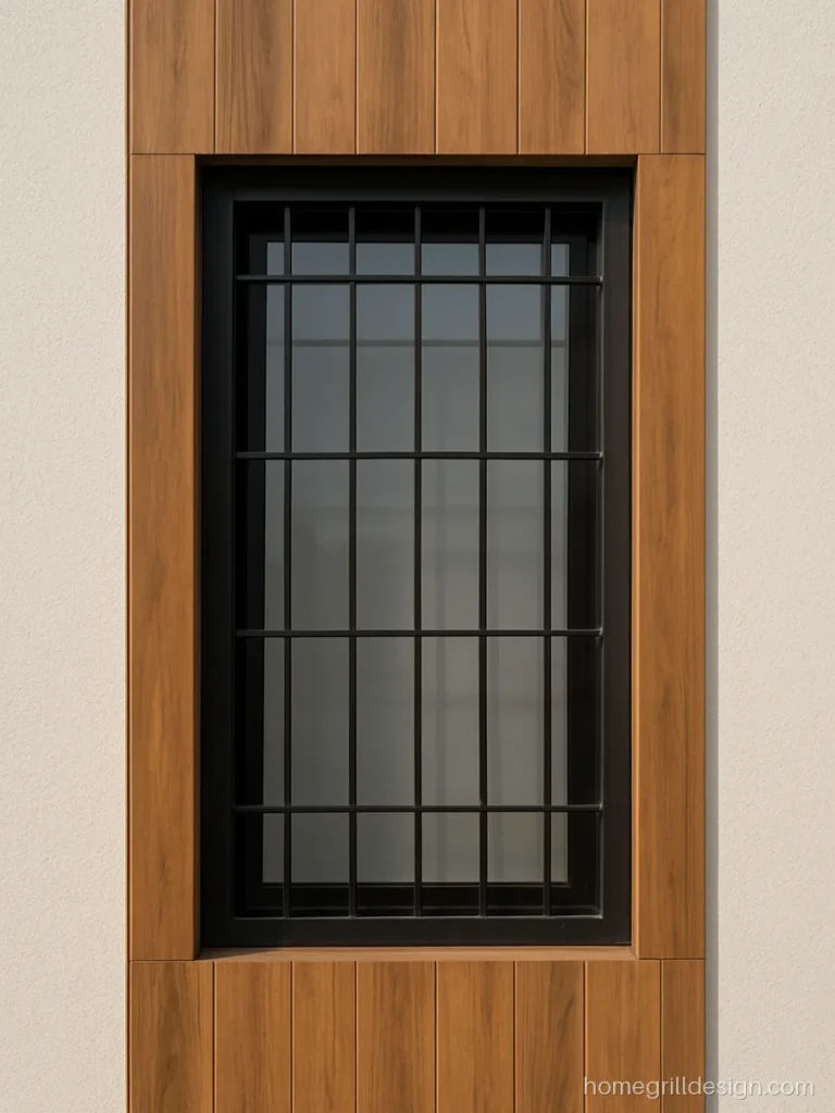 Exterior window panel design with wood look cladding strip and grill