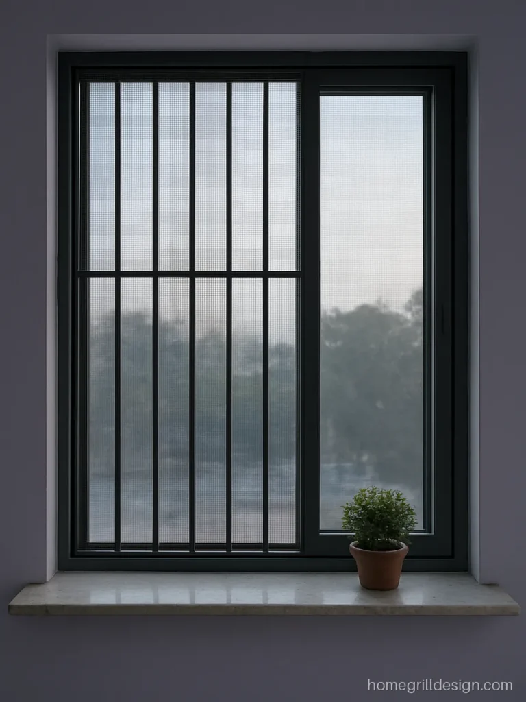 Aluminium window grill with a mosquito mesh shutter on a bedroom window