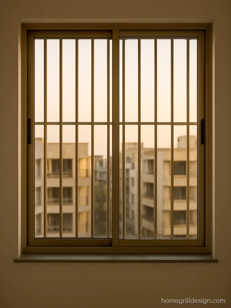 Aluminium window grill design in champagne finish behind a sliding window