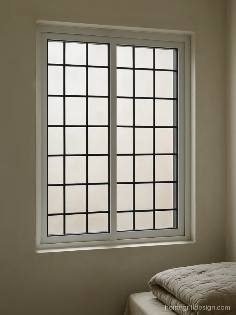 Box window grill design in black matt MS square bars on a bedroom window