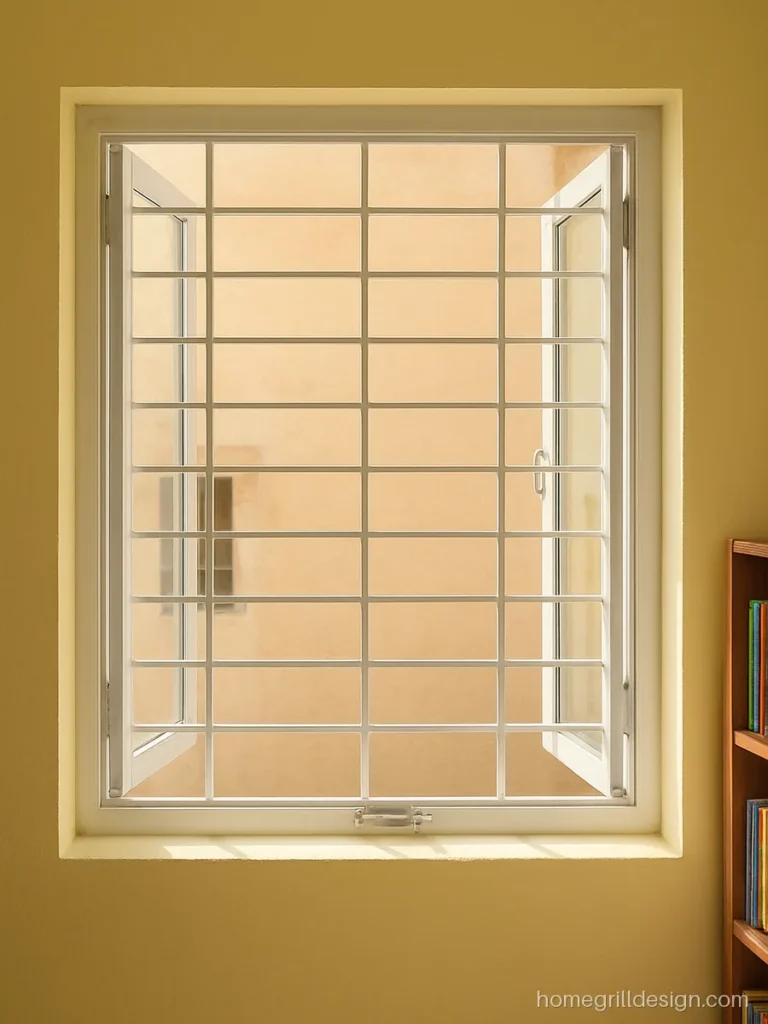 Hinged window safety grill in white with a sliding bolt on a kids room
