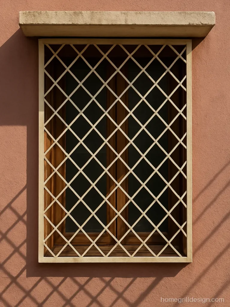 Khidki jali design with a diamond lattice grill in ivory on a front window