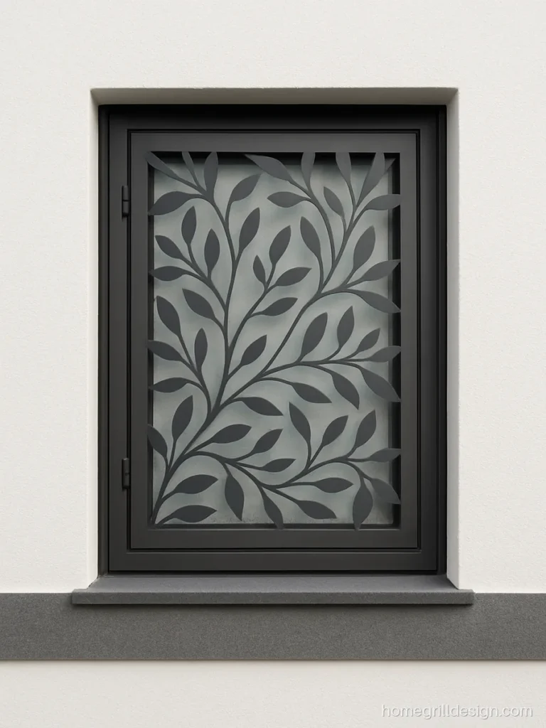 Laser cut leaf pattern window grill in charcoal grey on a modern home