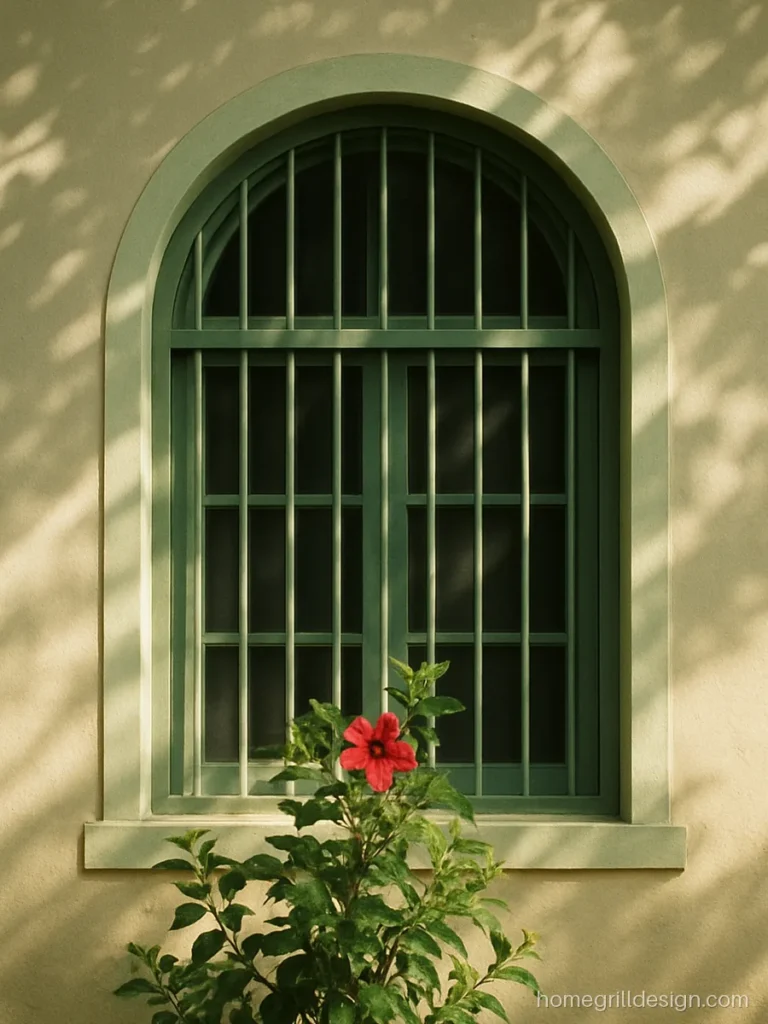 Sage green window grill with a white frame on a cottage style house